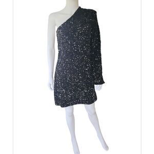 For Love And Lemons Black Sequin One-Shoulder Cocktail Dress